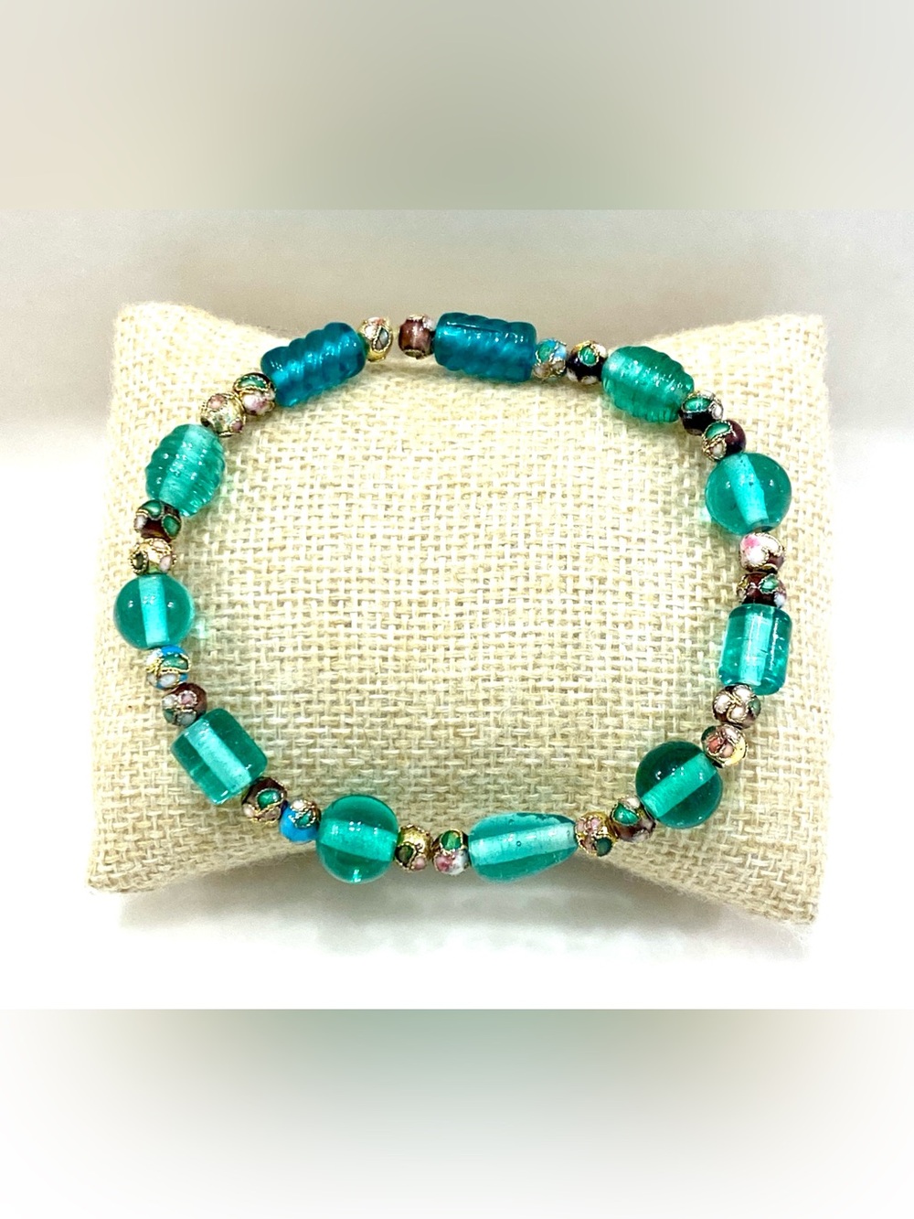 Vintage Gold Tone Teal Aqua Lampwork Venetian Foil Glass Flower Stretch Bracelet